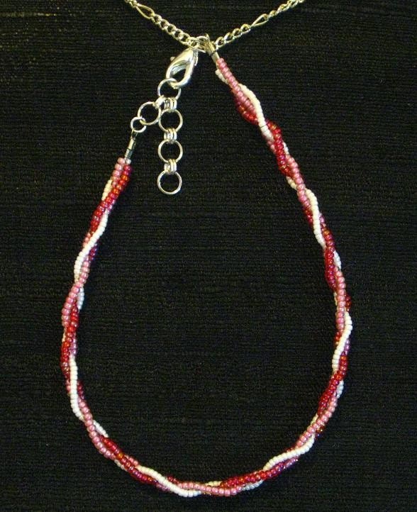 A001 Red White Pink Beaded Braid Anklet