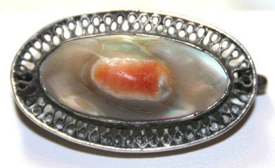 Antique Vintage Victorian Sterling Silver Blister Pearl Filigree Brooch