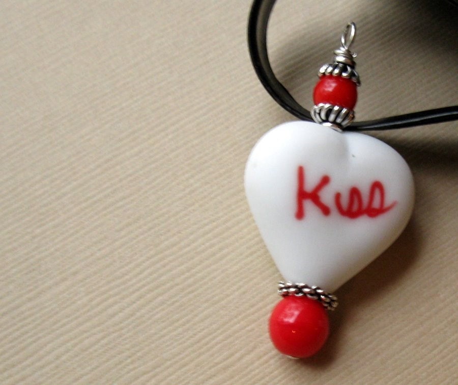 red, white heart, silver handmade pendant - First Kiss