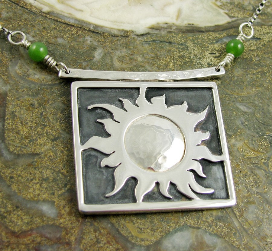 Sun Flower-Sterling Silver with Green Nephrite Jade Beads