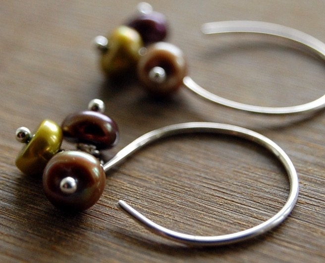 Triolette Earrings - Freshwater Bronze Pearls, Green Pearls, Cranberry Pearls