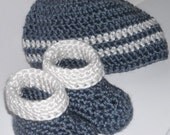 0 to 6 Months Baby Boy Crochet Cuff Booties and Hat Set in Soft Denim Blue - Other sizes available
