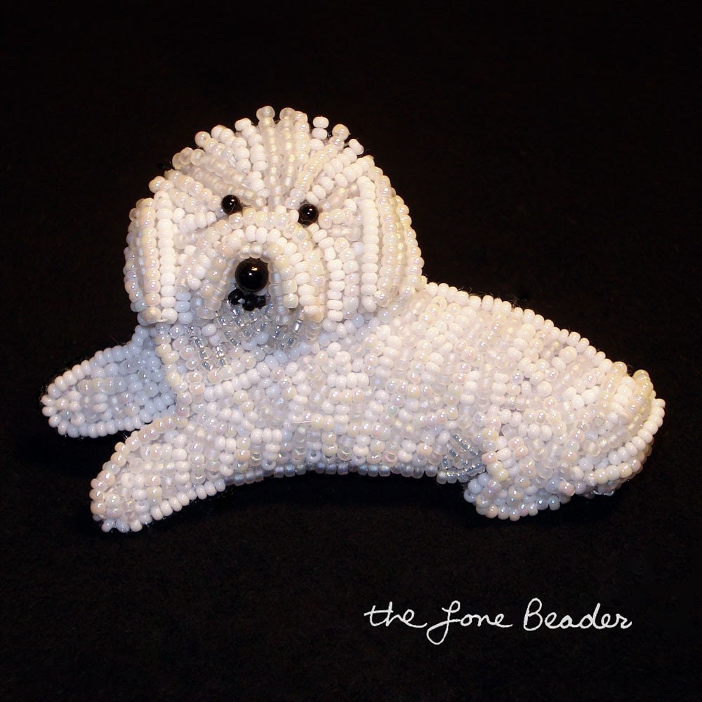 DAISY beaded BICHON FRISE dog- pet art pin (Made to Order)