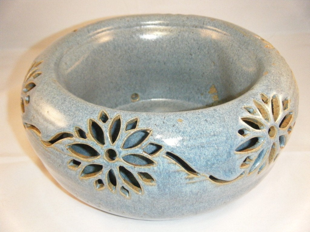 Double Wall Planter with Blue Flowers by ClayDogStudio