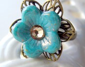 Turquoise Blue Flower Brass Cocktail Ring tbteam tpt team