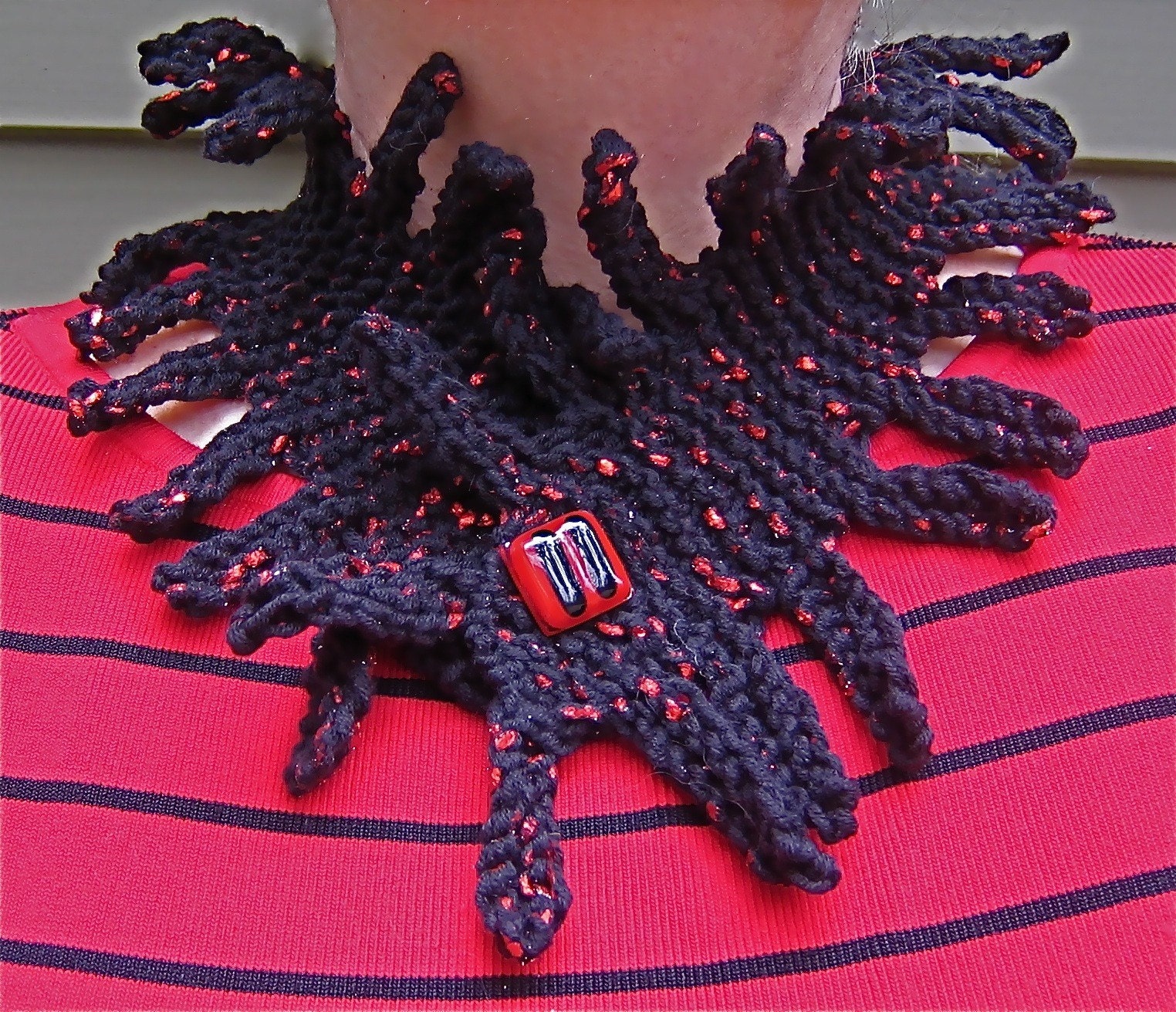 Hand Knit Glitzy Black and Red Neck Piece