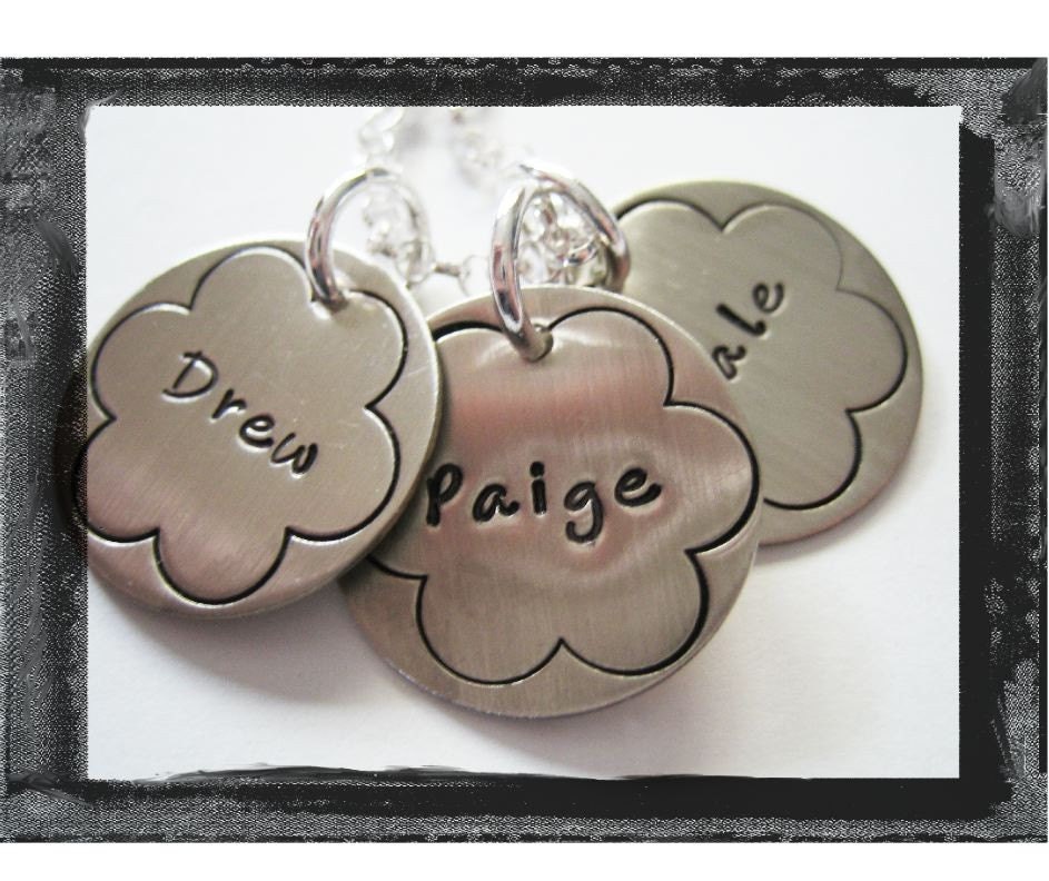 Hand Stamped Necklace - Personalized Jewelry - Sterling Silver Flower discs