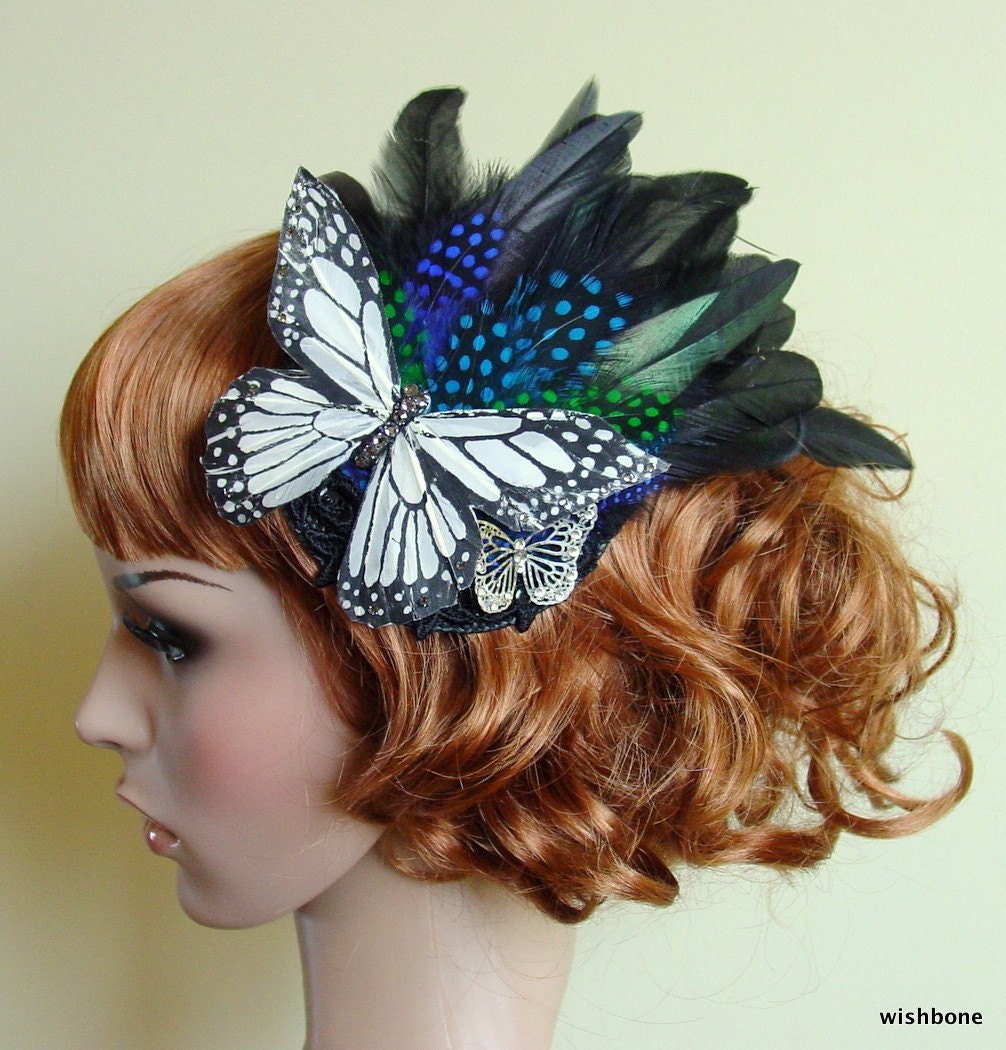 Garden of Rare Delights...Butterfly Feather Fascinator Bridal Cocktail Hat, Blues and Greens, One of a Kind