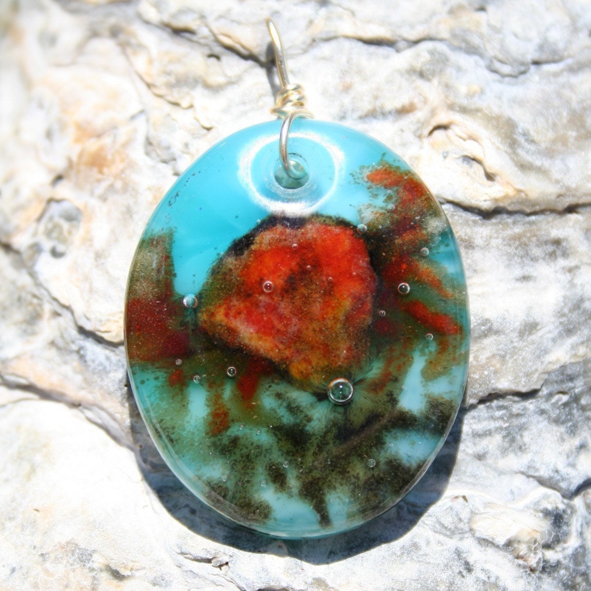 Crab in the ocean fused glass pendant