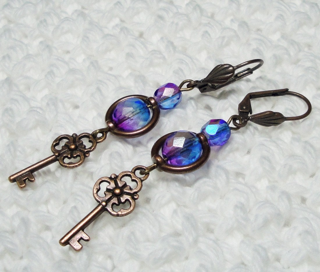 Skeleton Key Earrings - Blue Purple Crystal & Antique Copper