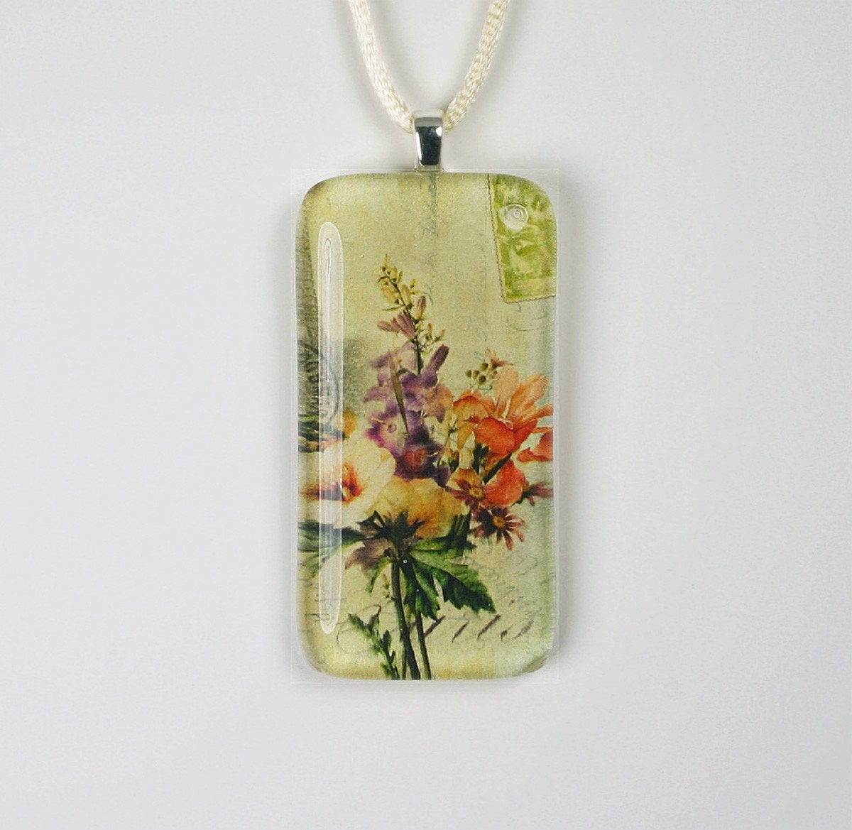 French Flower Bouquet Postcard Collage Glass Pendant Necklace (Style 339)