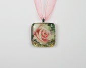 Soft Pink Rose Collage Glass Pendant Necklace (Style 330)