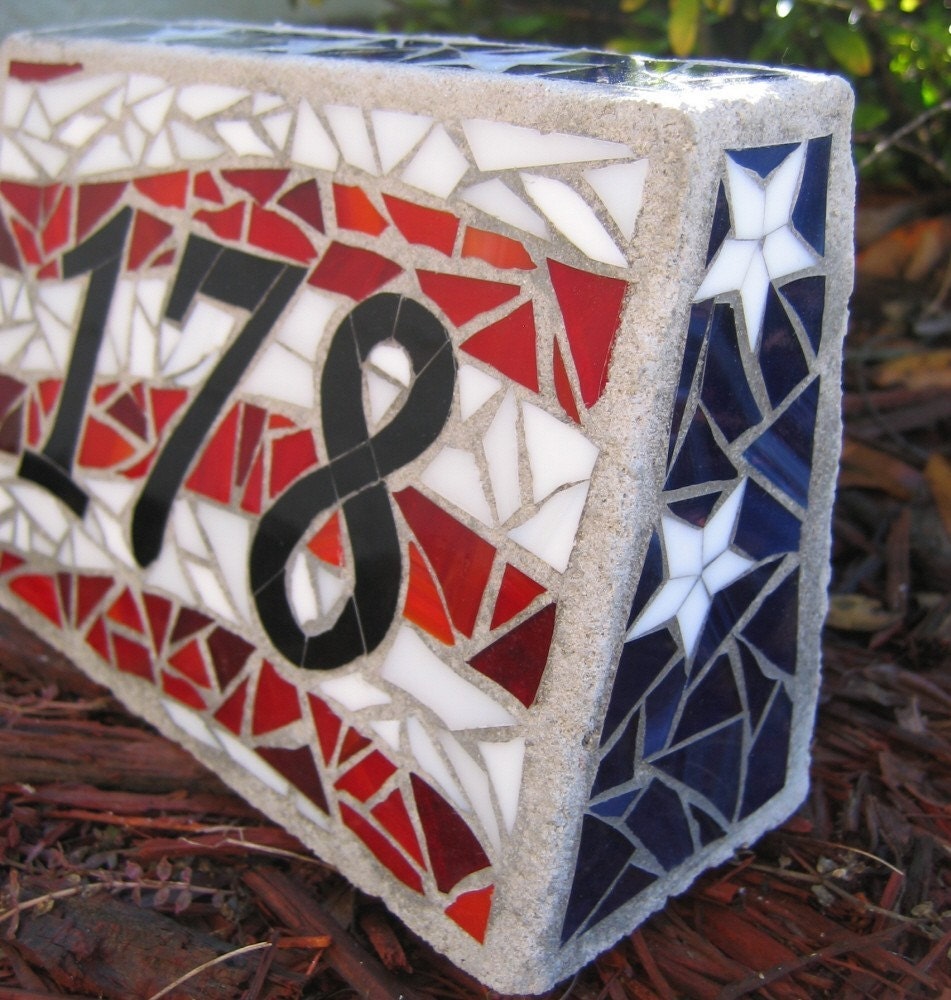 American Flag Inspired Block Concrete Custom House Number Mosaic