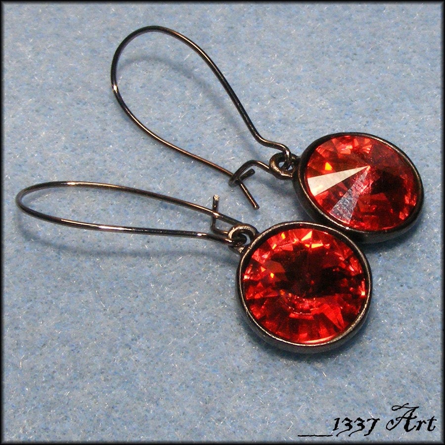 Strawberry Daiquiri Earrings, Padparadscha Crystal and Gunmetal Long Kidney Style