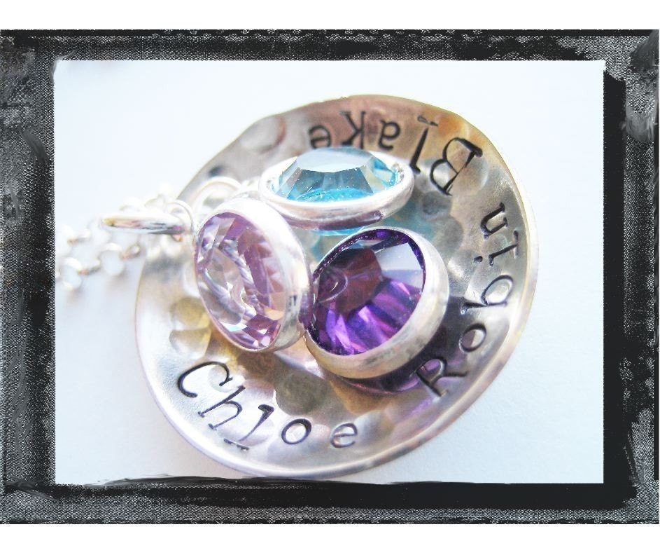 Hand Stamped Necklace - Personalized Jewelry - Sterling Silver Hammered and Textured Pendant Necklace with Birthstones