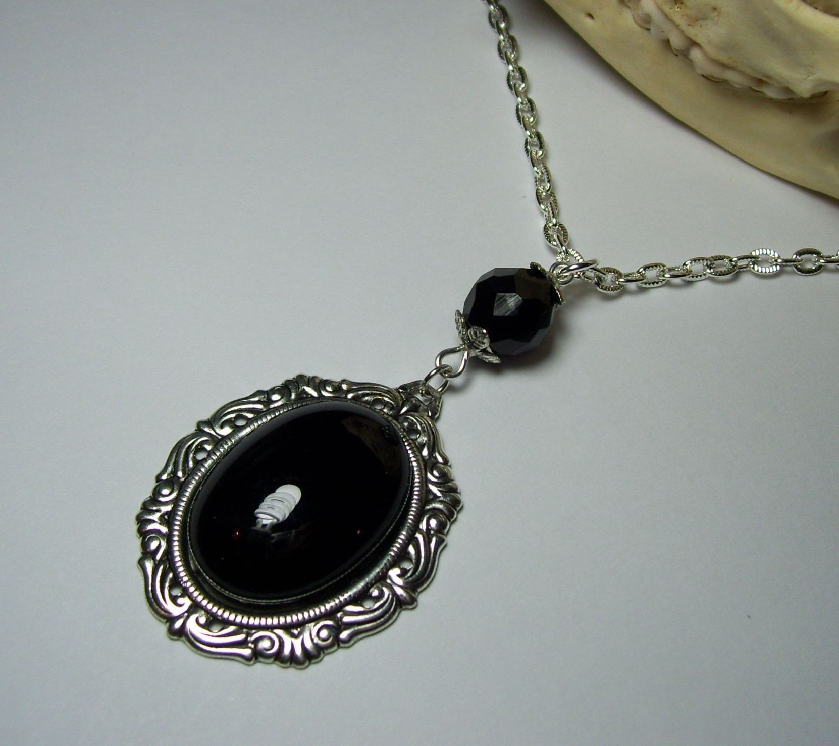 New Moon- Antique Silver Genuine Vintage German Glass Black  Cabochon Neo Victorian Steampunk Pendant Necklace