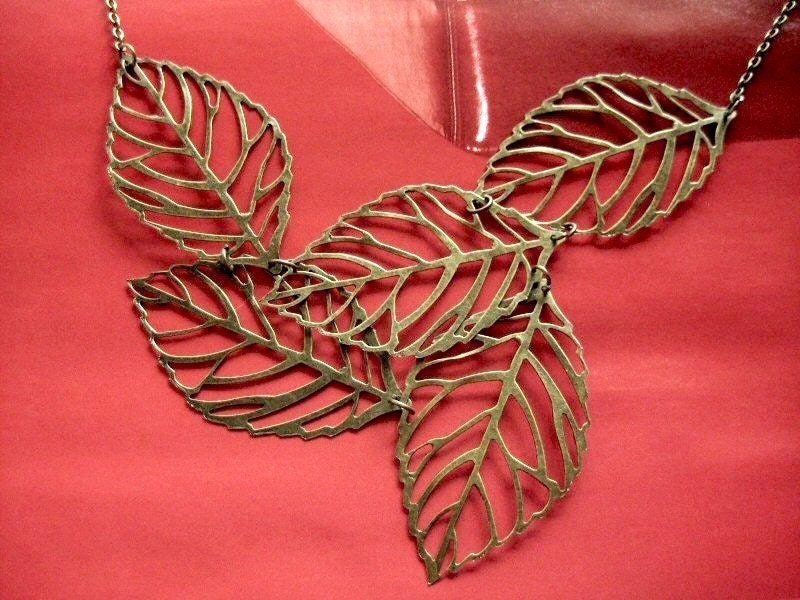 leaves necklace - vintage style brass chunky big multi leaf necklace