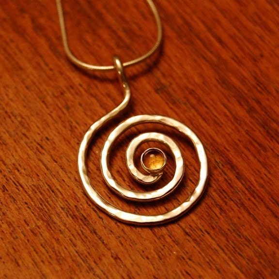 Hammered Silver Spiral with Yellow Citrine Gemstone, Yellow Quartz