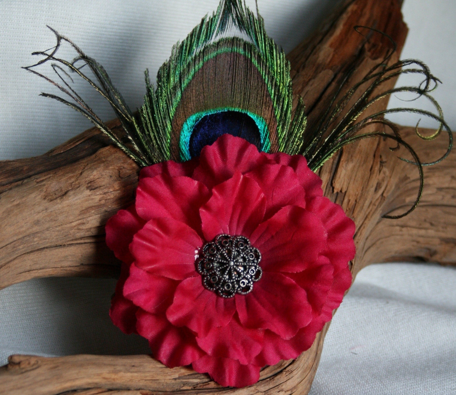 Raina Peacock Feather and Silk Flower Hair Fascinator