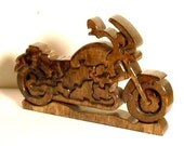 Hand Carved Wooden Motorcycle Puzzle with Stand