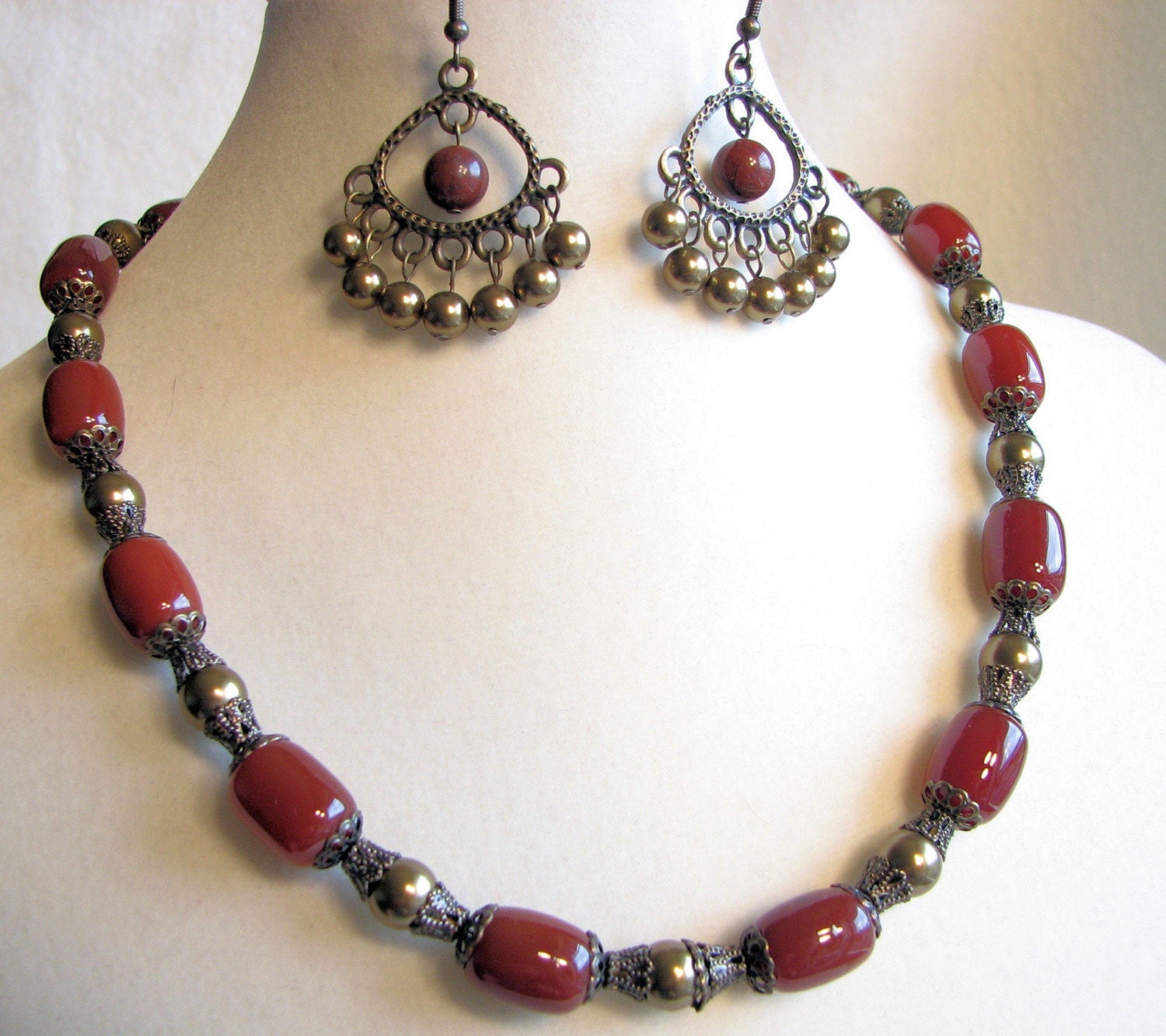 Red Agate and Brass Necklace with Earrings
