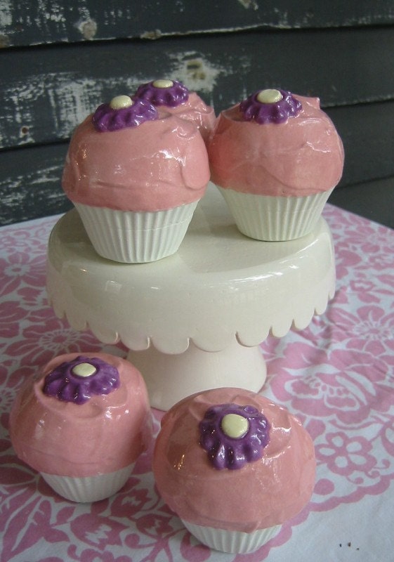 Pottery Cupcake - Pink Frosting and Purple Flower Cupcake