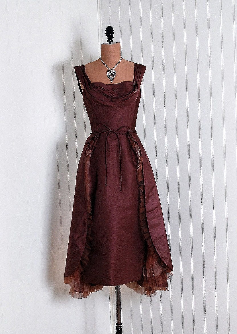 1950's Vintage Ceil Chapman Designer-Couture Brown Silk-Taffeta Tulle Shelf-Bust Plunge Pencil-Wiggle Hourglass Skirted-Train Cocktail Dress