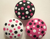 Set of 8 Hot Pink, Black and White  - Polka Dots - Hand Painted Knobs - dreamscapedesigns