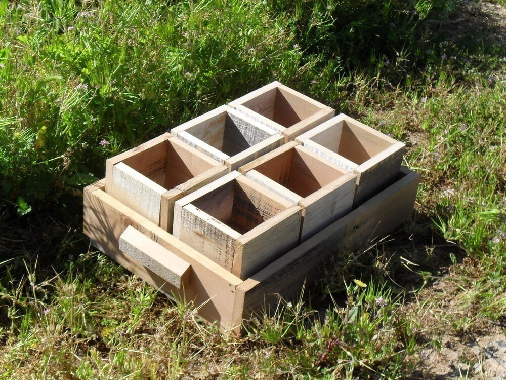 Individual Wooden Pots/ Herb Garden Pots With Wood Tray Earth Friendly Repurposed Eco Garden Small Wooden flower pots