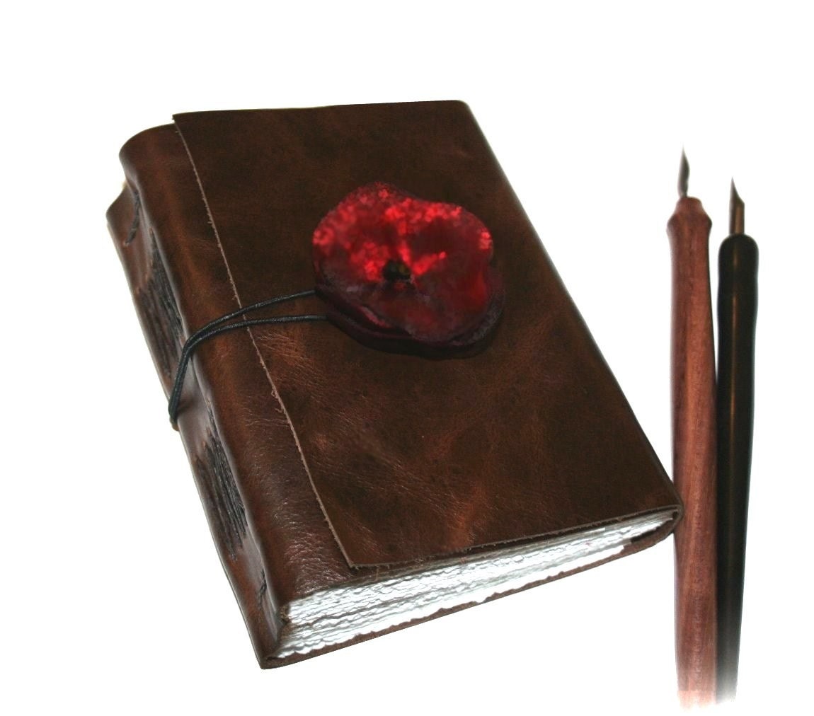 Blank Handbound Leather Journal with burgundy organza flower applique (320 pgs)