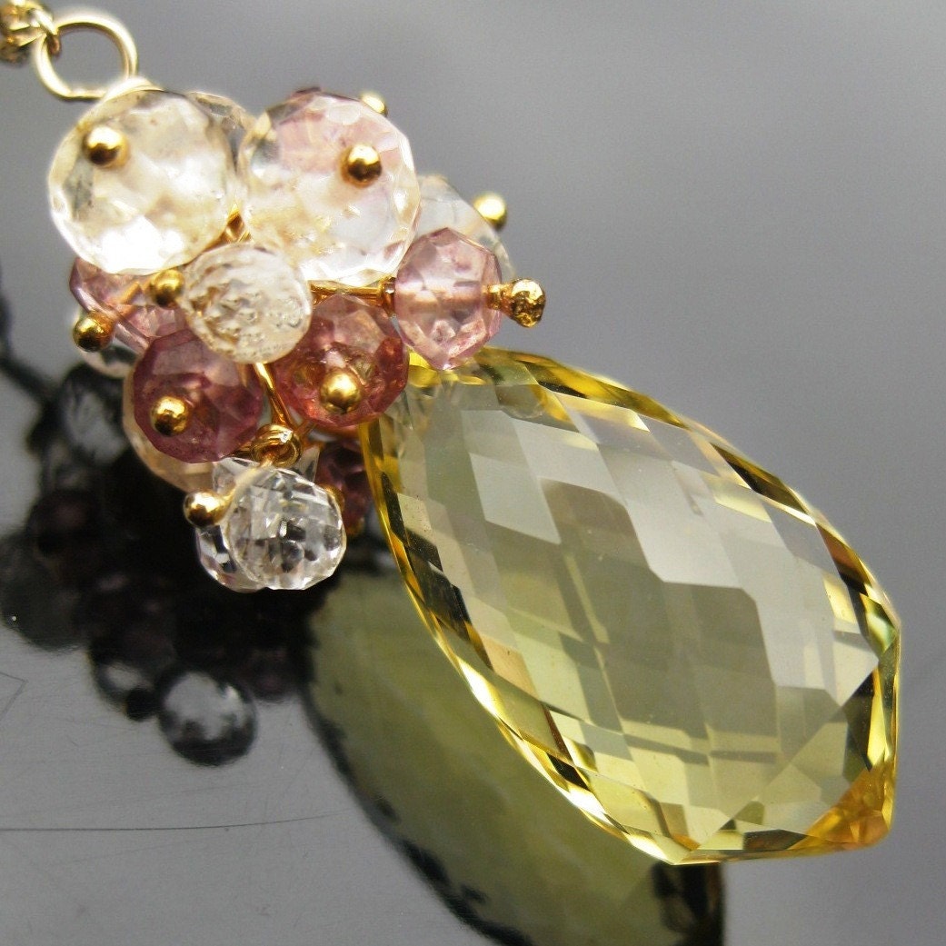 Rose d'Or lemon quartz, scapolite, pink quartz, gold necklace