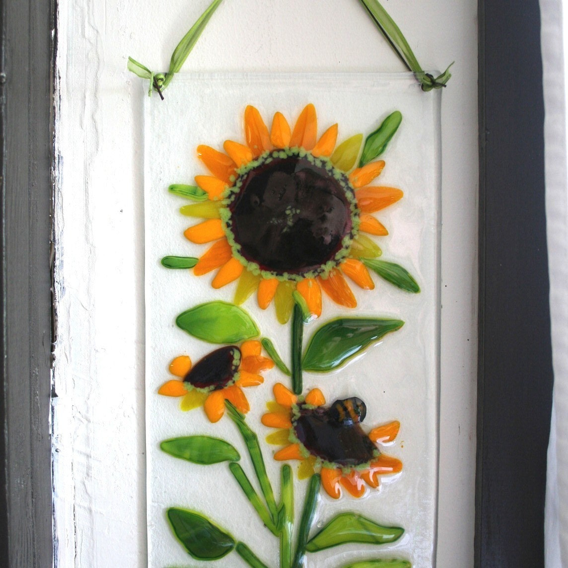 Sunflower, fused glass panel