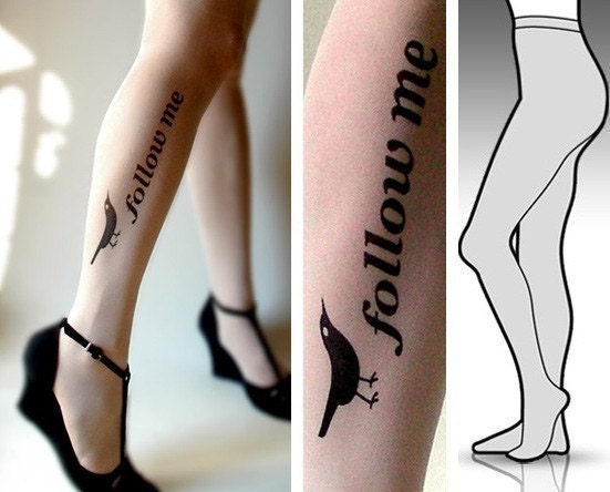 l/xl sexy, funny and flirty FOLLOW ME twitter tattoo tights / stockings /  full length  / pantyhose / nylons ultra pale