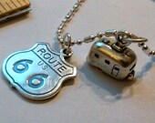 FREE shipping Sterling silver camper and route 66 pendant charm on a sp necklace chain