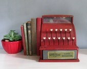 40s 50s Vintage Red Metal Toy Cash Register...Happi Time
