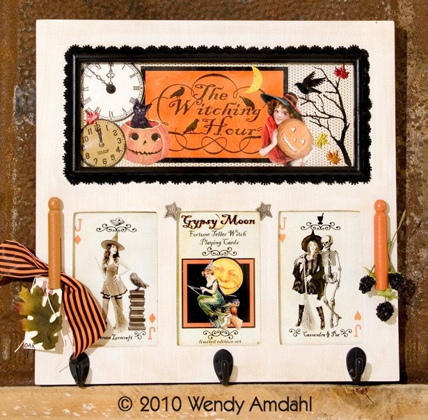 Vintage Halloween Themed OOAK Original Mixed Media Art Board, The Witching Hour