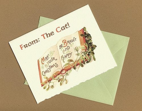 After Christmas SALE 50% Percent Off - From the Cat, Vintage Style Christmas Card, set of 3