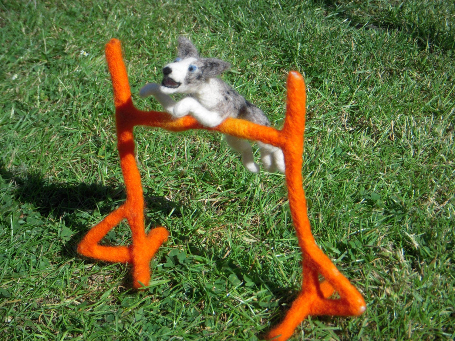 Lou the needle felted jumping agility dog