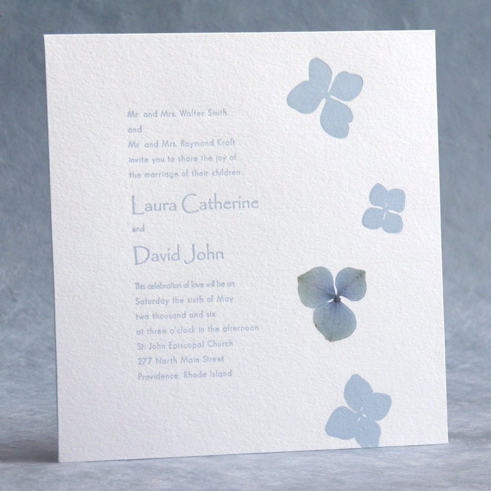 Hydrangea - pressed flower Letterpress Wedding Invitation - baby blue on white