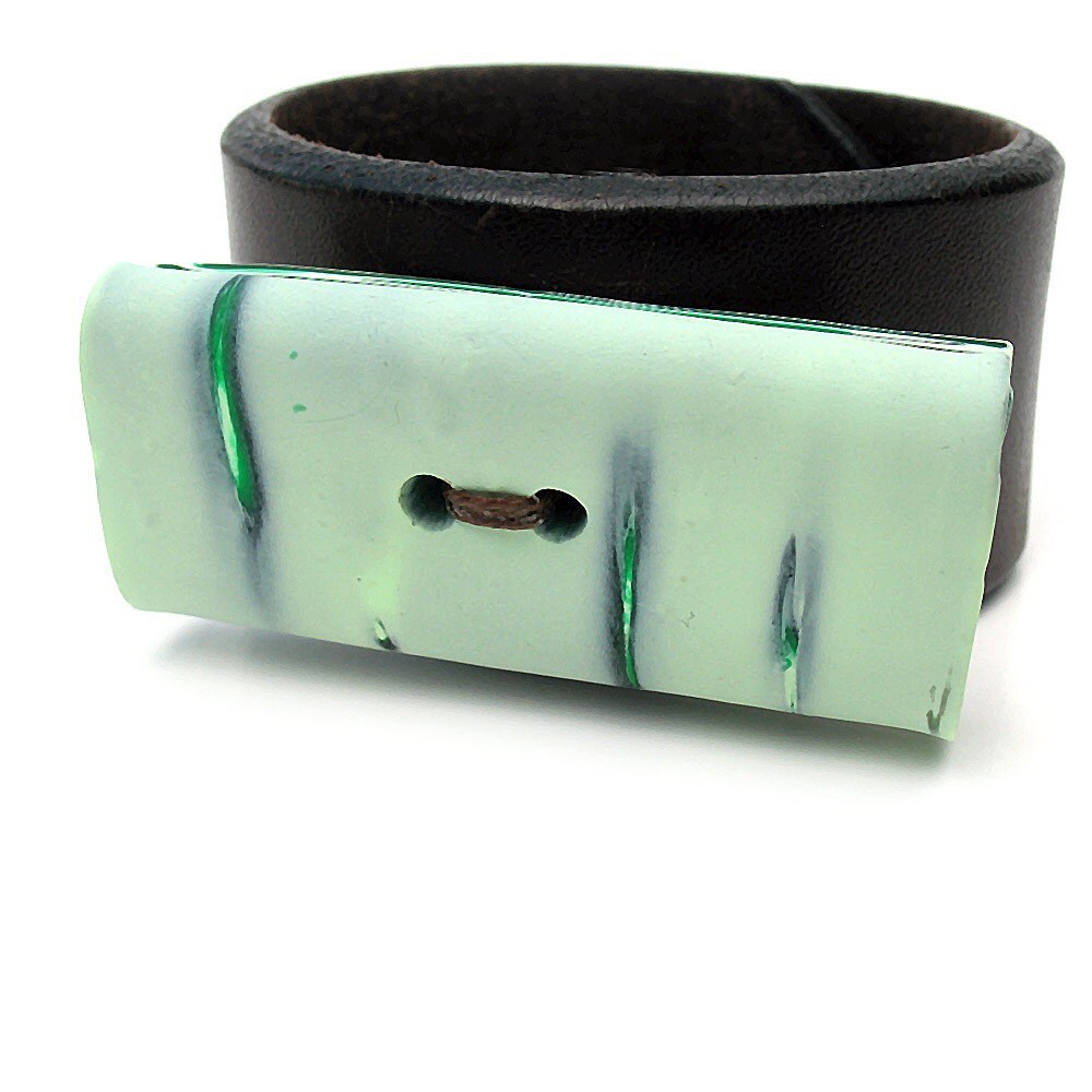 Cuff Bracelet with Mint Green Button on Chocolate Brown Leather, EcoFriendly, Recycled Leather, Unique, OOAK - Greenbelts