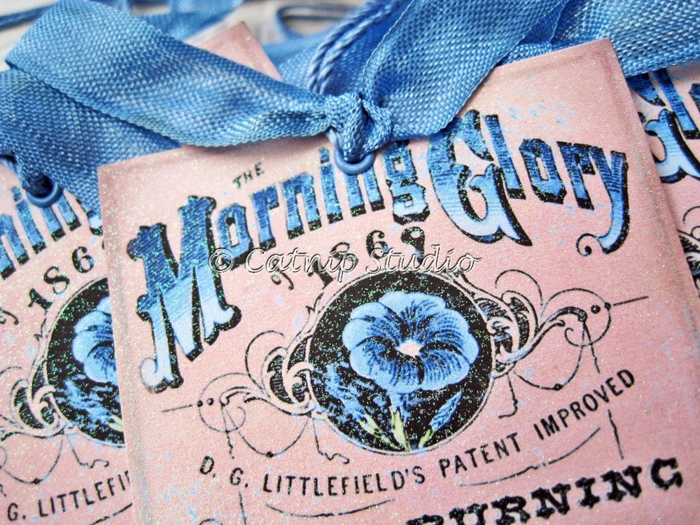 Morning Glory Tags Morpho Butterfly Tags Digital Collage Tags blue peach black