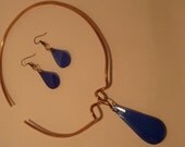 Raindrop, Recycled Cobalt Blue Riesling Wine Bottle Necklace Earring Set