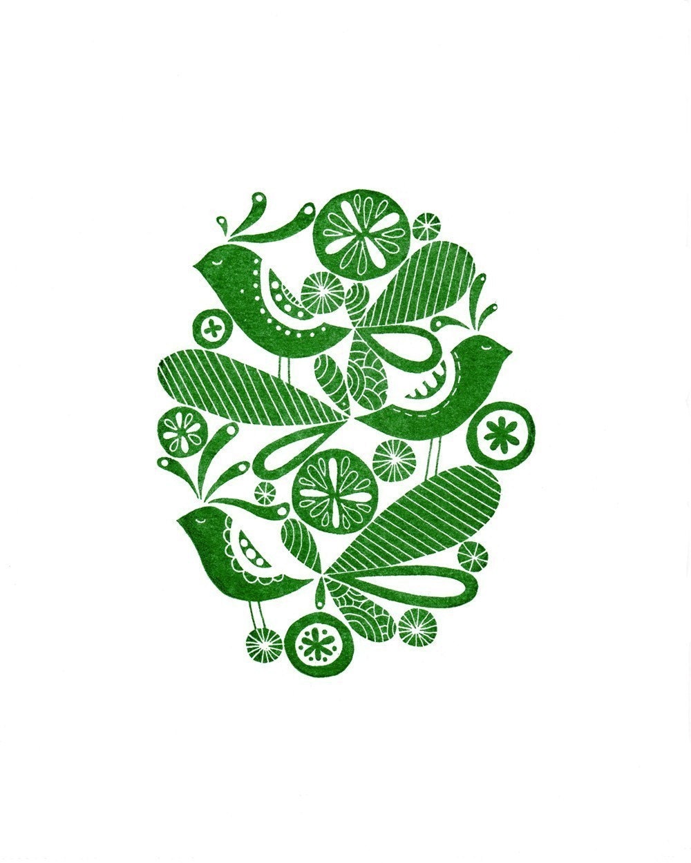 Green Forest Birds -limited edition gocco screen print 8 x 10
