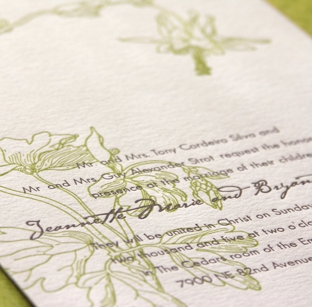 Columbine - Letterpress Wedding Invitation - grass green/cocoa on pearl