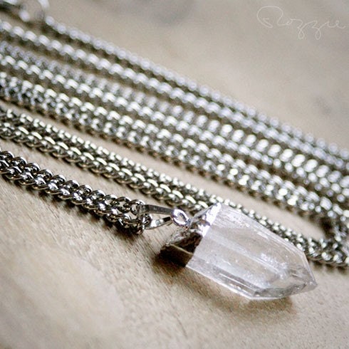 Clear Quartz Point Pendant Long Silver Necklace