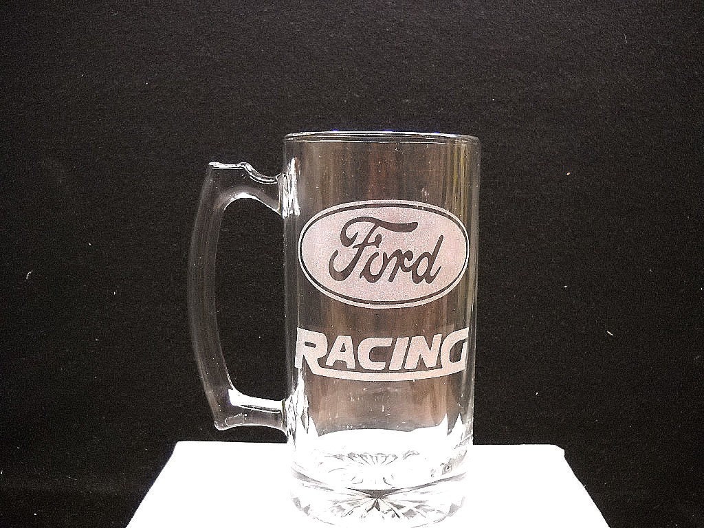 Ford racing etched on a beer mug