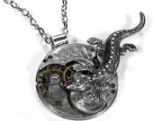 Steampunk Necklace - Vintage GUILLOCHE ETCHED Silver Pocket Watch Pendant Necklace -  LIZARD Salamander  Steampunk Jewelry by edmdesigns