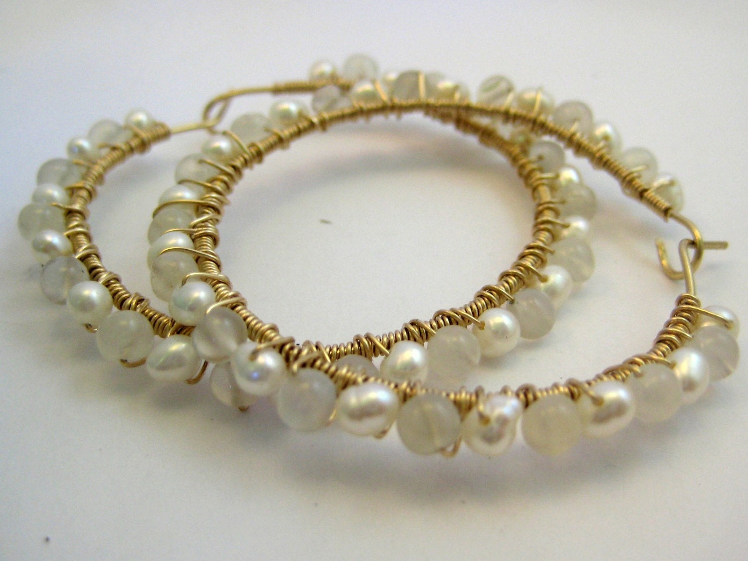 Moonstone and Pearl Gold Hoops