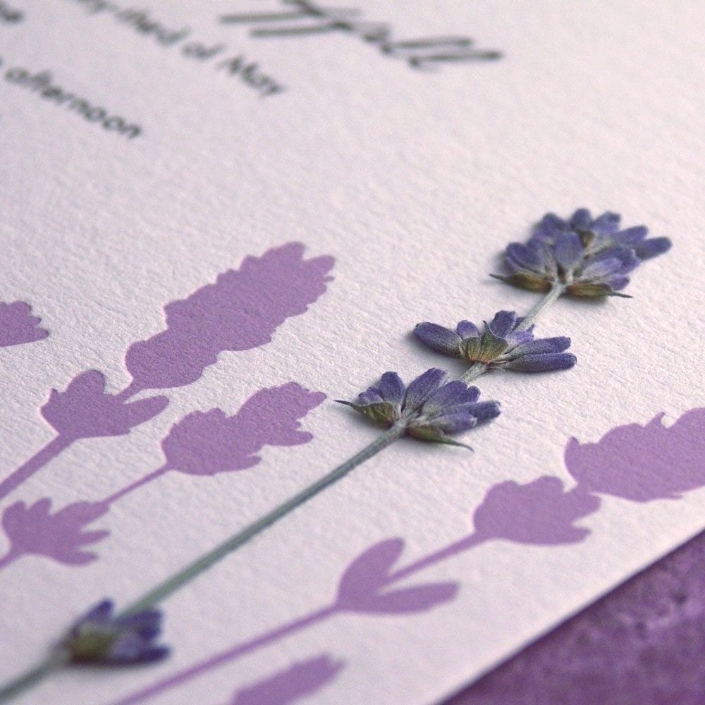Lavender Field - pressed flower Letterpress Wedding Invitation - lavender/cocoa on pearl