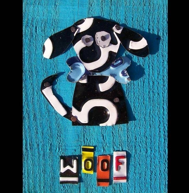 Funky Blue Dog - Recycled License Plate Art - Salvaged Wood - Upcycled Artwork